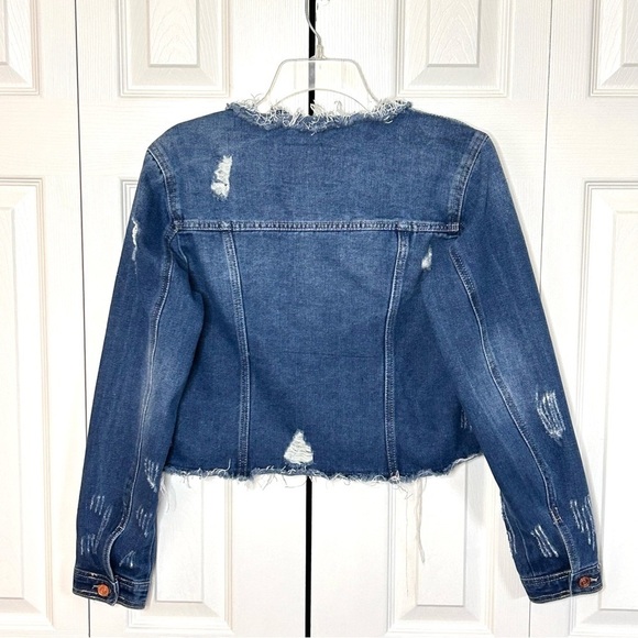 The One 5 One Denim Jacket Medium Blue Distressed Zip Front - Picture 8 of 13